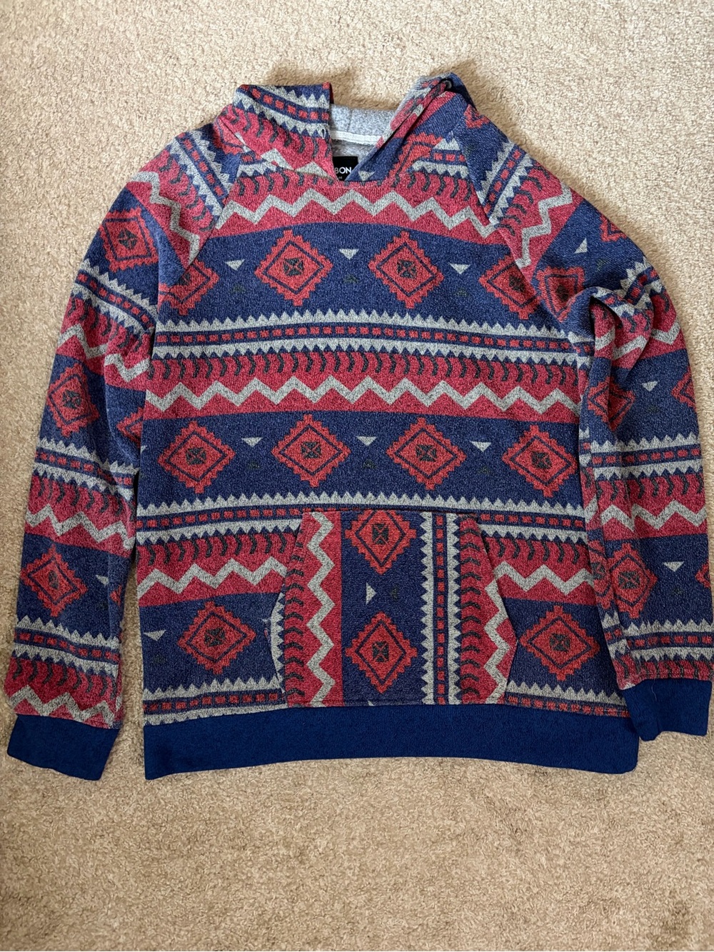 Carbon Aztec Knit Hooded Sweater - Navy & Red